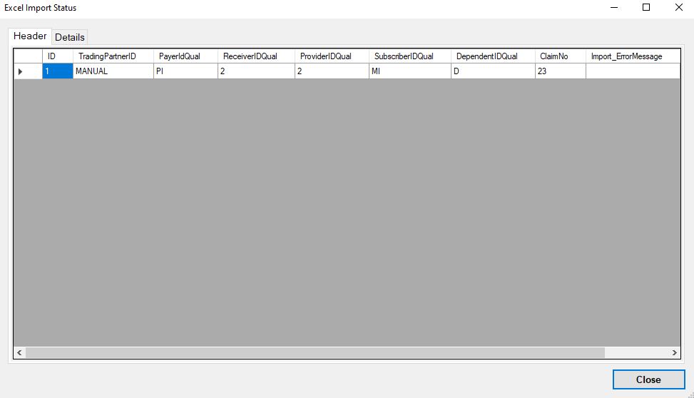 The "Excel Import Status" window is displaying the "Header" tab.