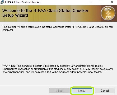 The HIPAA Claim Status Checker Setup Wizard Window.