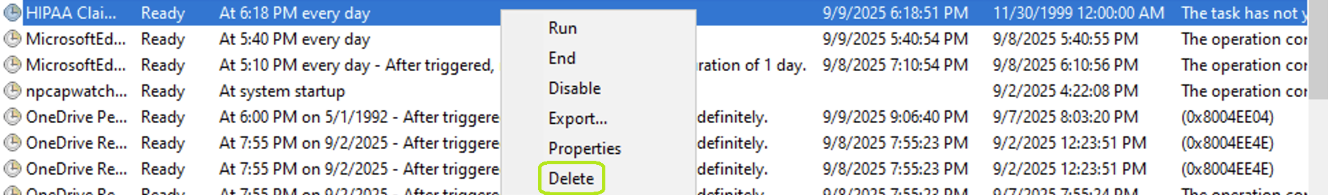 The “Delete” option is under the task’s drop-down menu. The “Delete” option is under the task’s drop-down menu.