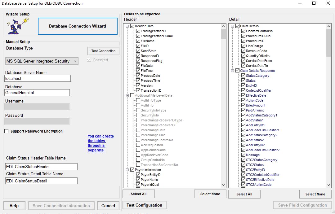 The "Database Server Setup for OLE/ODBC Connection" window.
