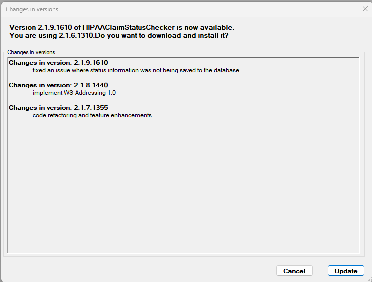 The "Changes in versions" window if there are updates available.