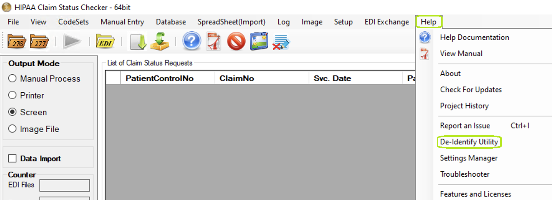 The "De-Identify Utility" menu.