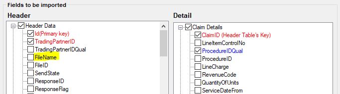 The "Import claims from excel or text file: setup" with the "Filename" unchecked.