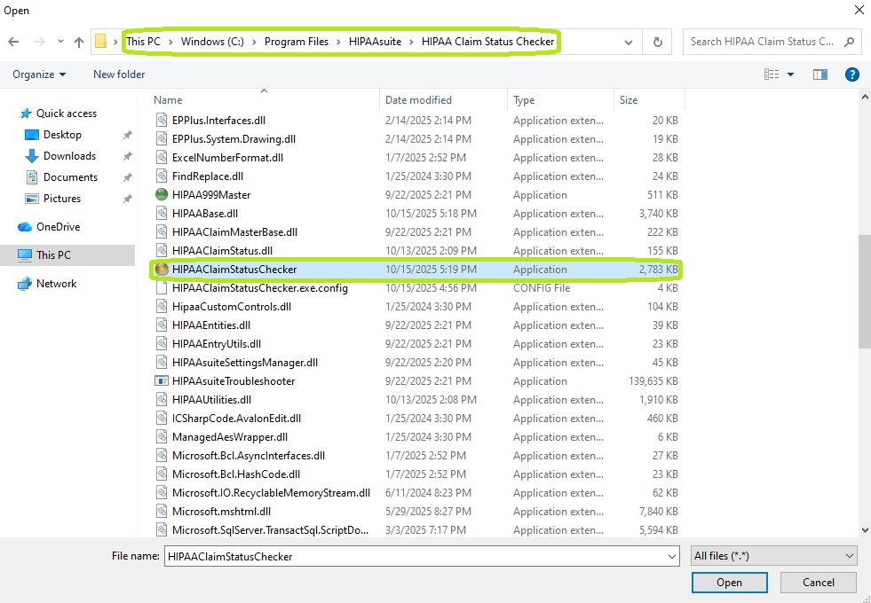 The path to the HIPAA Claim Status Checker application folder. The path to the HIPAA Claim Status Checker application folder.