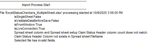 The transaction log showing the import file operation failure log.