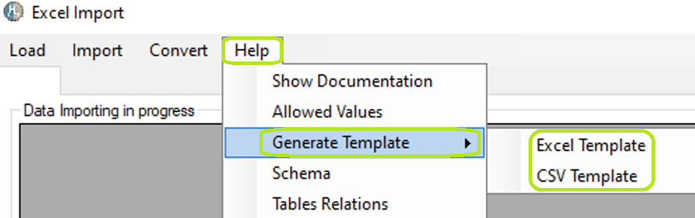 The "Generate Template" option has the "Excel Template" and CSV Template" options.