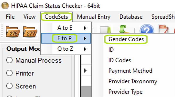 The "Gender Codes" option is under the "F to P" sub-menu.
