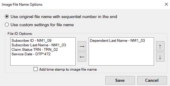 The "Image File Name Options" window that displays when you click "One Image per Record." The "Image File Name Options" window that displays when you click "One Image per Record."