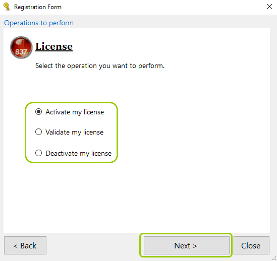 The activation options. The activation options.