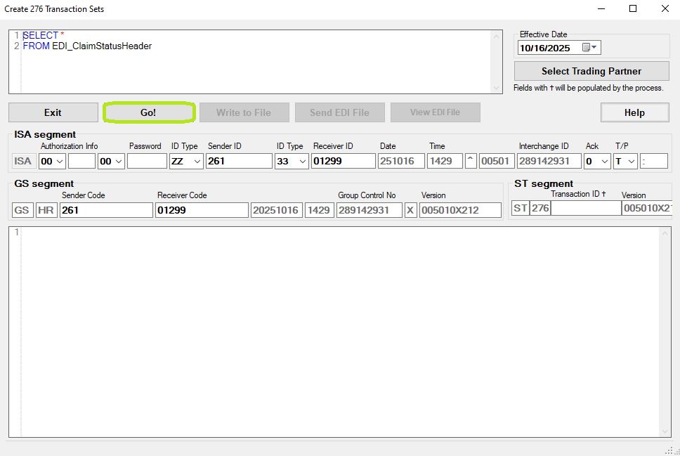 Click the "Go!" button to create the 276 EDI files. Click the "Go!" button to create the 276 EDI files.