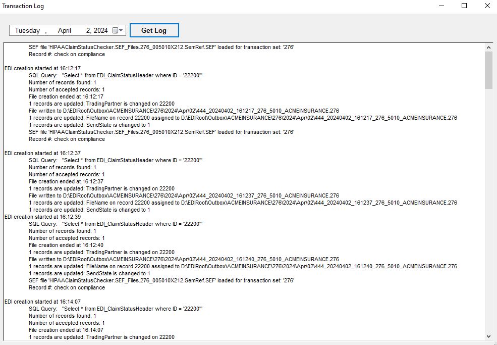 The "Transaction Log" window with results. The "Transaction Log" window with results.