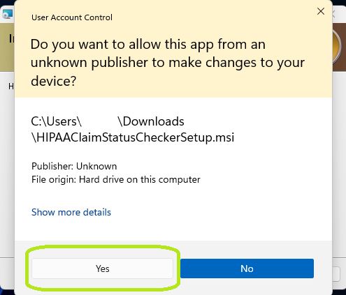 "Unknown Publisher" pop-up.