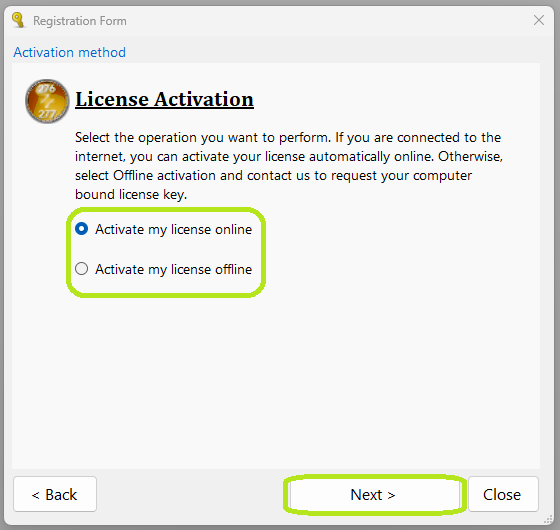 Choose between online or offline activation.