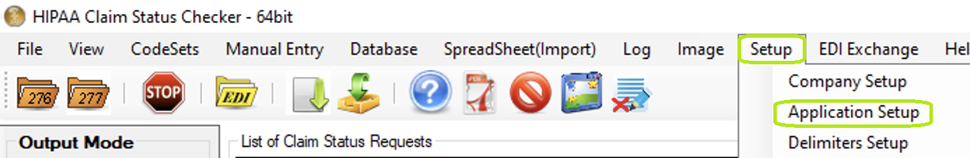  The "Setup" menu and "Application Setup" button.
