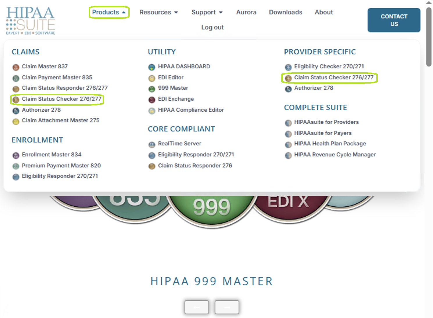The "Claim Status Checker 276-277" option is under the Products drop-down menu.