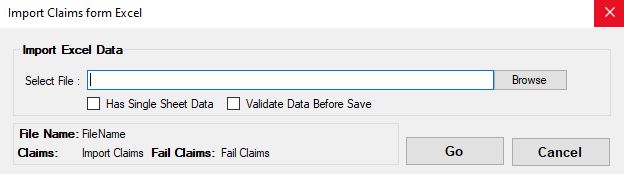 The "Import claims from excel" window.