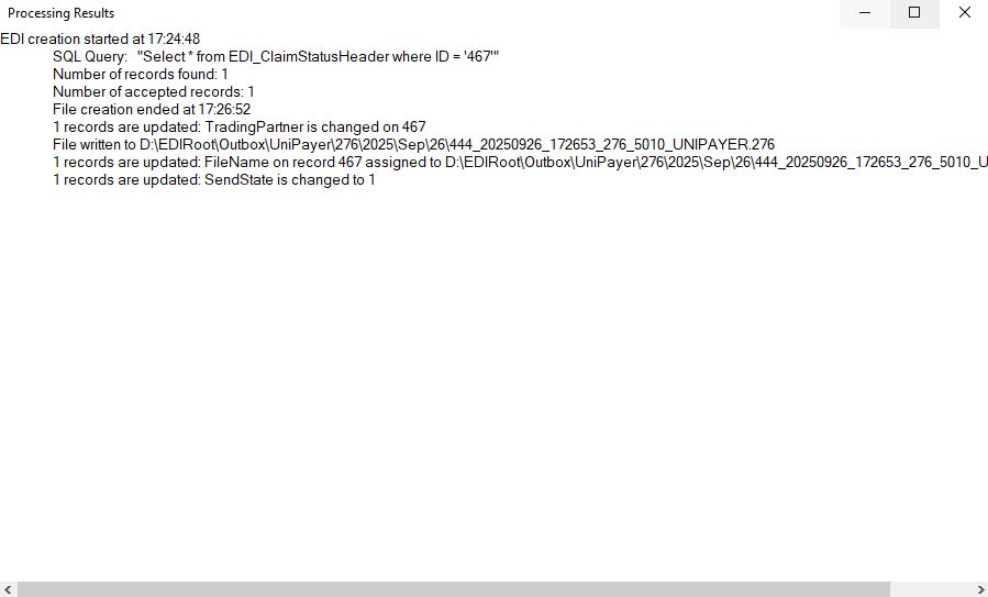 Process results of the file creation and sending to trading partner. Process results of the file creation and sending to trading partner.