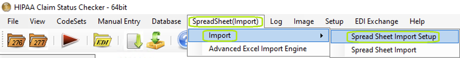 The "Spreadsheet Import Setup" option from the "Import" sub-menu is under the "SpreadSheet(Import)" tab.