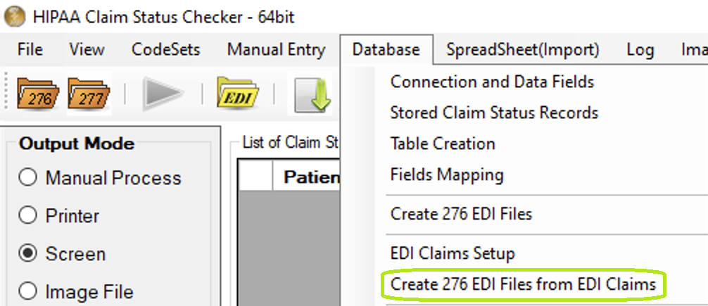 "Create 276 EDI Files from EDI Claims" option under "Database" menu. "Create 276 EDI Files from EDI Claims" option under "Database" menu.