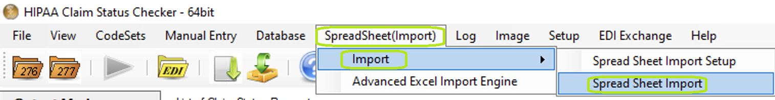 The Spreadsheet Import option under the SpreadSheet(Import/Export) tab in the main window.