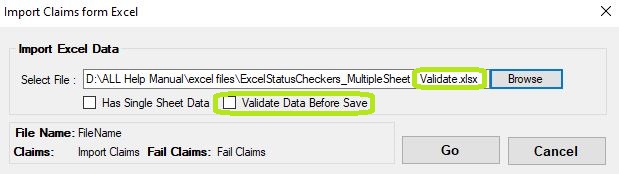 Sample of the file with an invalid field in the "Import Claims from Excel" window.