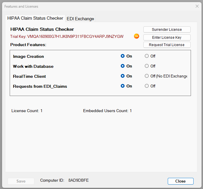 The "Features and Licenses" window provides different options to customize the application and add-ons.