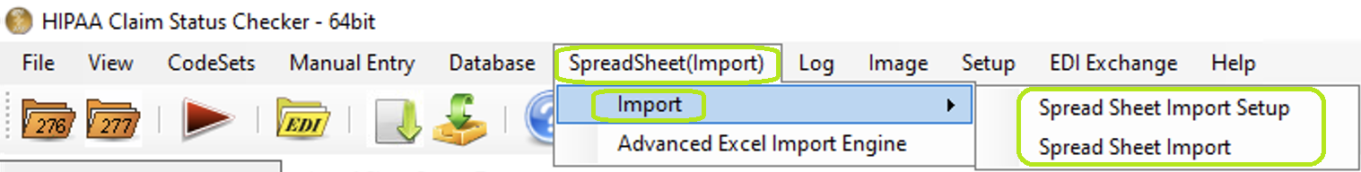 The "Import" option is under the "Spreadsheet (Import)" tab.