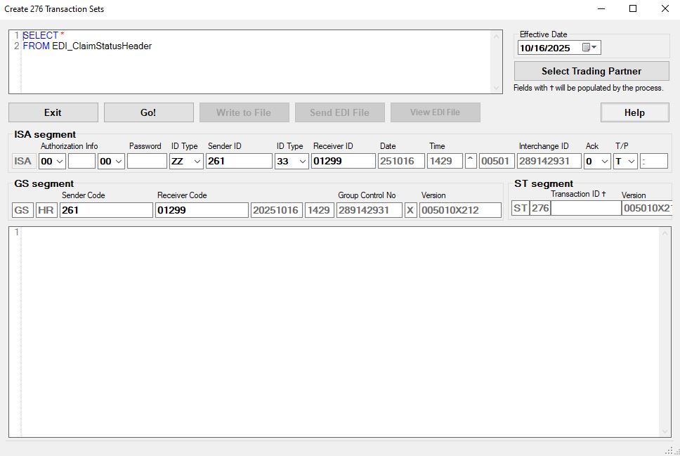 The "Create 276 Transaction Sets" window. The "Create 276 Transaction Sets" window.