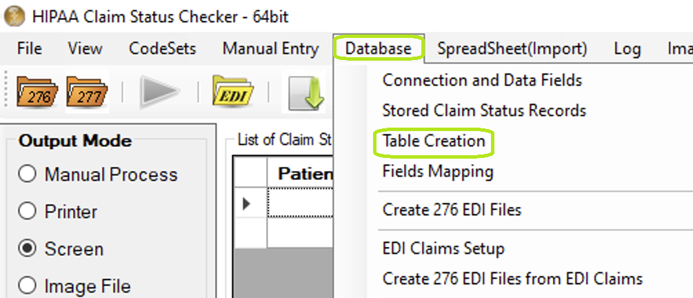 The "Table Creation" menu. The "Table Creation" menu.