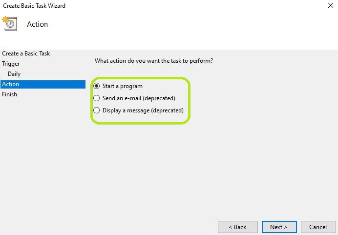 Select the first action the task will take. Select the first action the task will take.