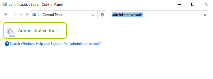 Searching for "Administrative Tools" in the Control Panel window.