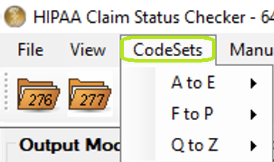 The "CodeSets" tab and its sub-menus.