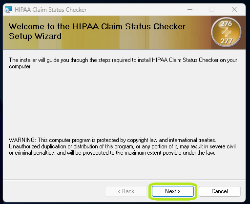 The "HIPAA Claim Status Checker" window with the setup wizard.