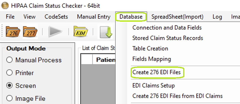 "Create 276 EDI Files" option under "Database" menu.