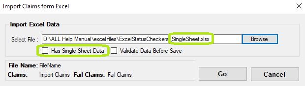 Example of a single sheet file import with Has Single Sheet Data box.