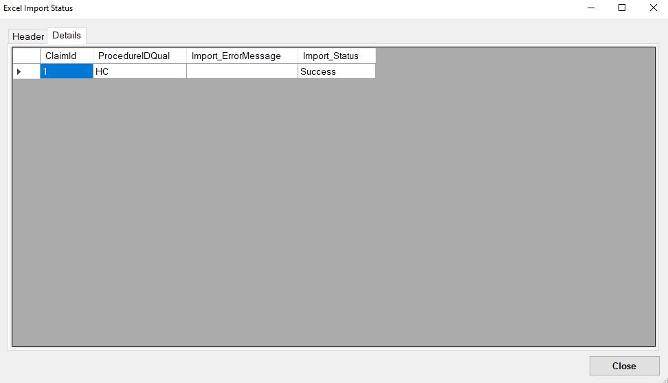 The "Excel Import Status" window is displaying the "Details" tab.