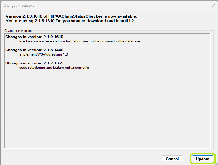 The "Changes in Versions" window.