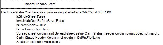 The transaction log message detailing the import status.