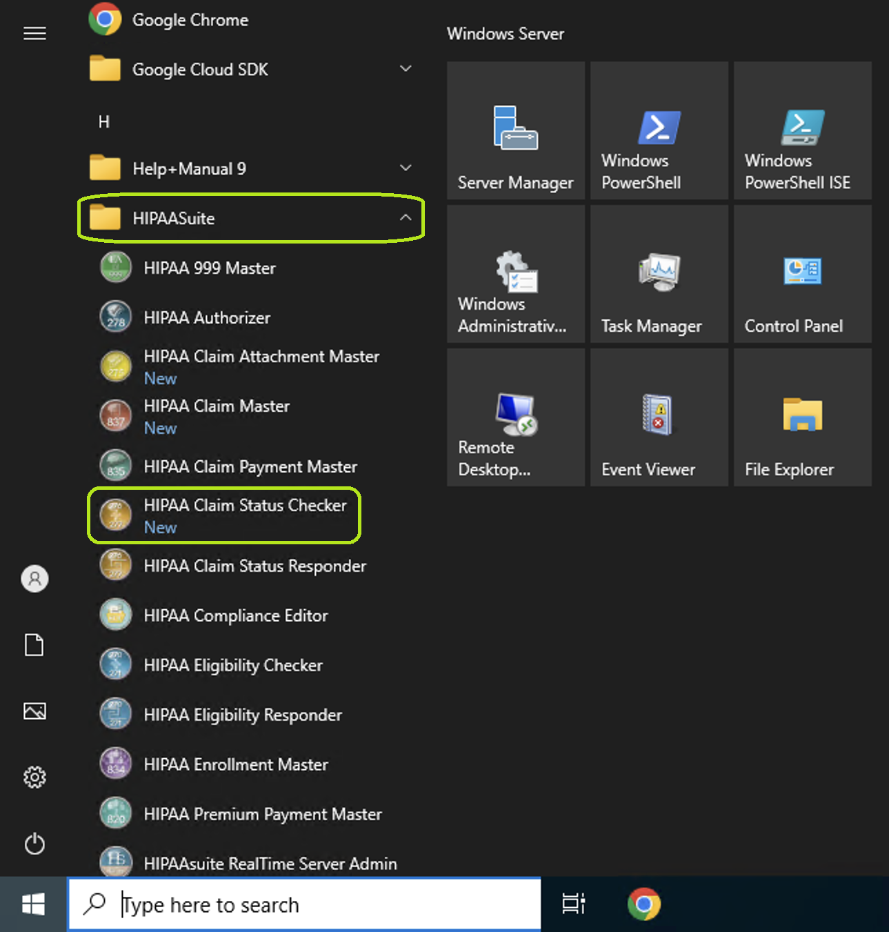 The HIPAA Claim Status Checker application is launched from the "Start" menu.