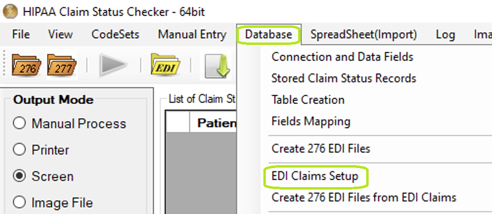 "EDI Claims Setup" option under "Database" menu.