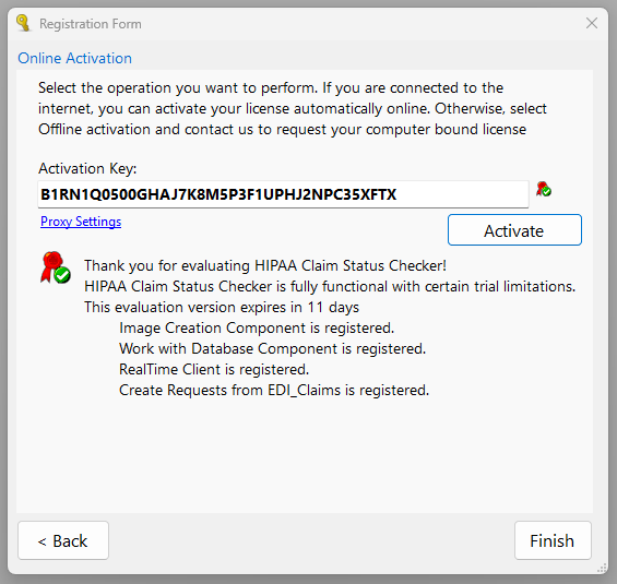 The "Registration Form" window with a successful key activation for a trial renewal.