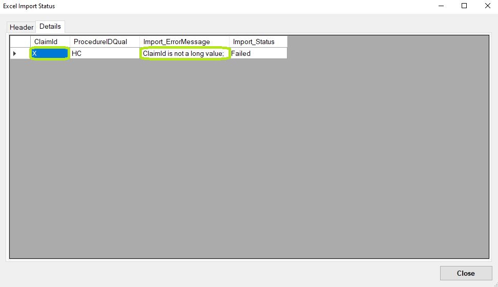 The details of the error are detailed under the "Import_ErrorMessage" column in the "Excel import status" window.