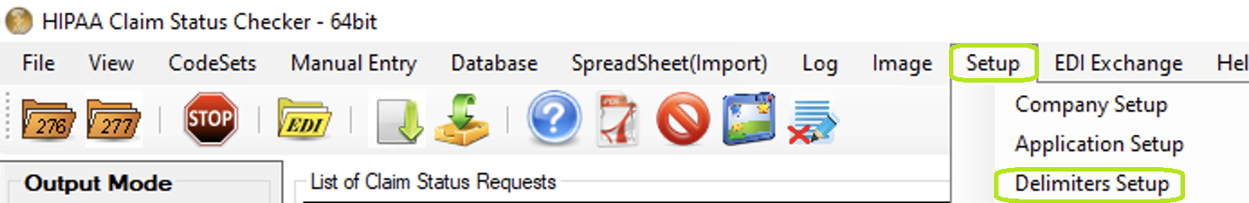 The "Setup" menu and "Delimiters Setup" button.