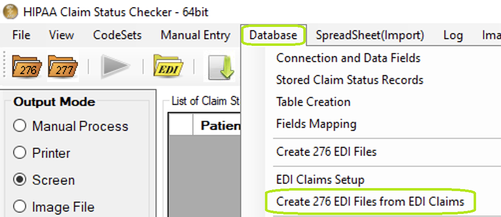 "Create 276 EDI Files from EDI Claims" option under "Database" menu. "Create 276 EDI Files from EDI Claims" option under "Database" menu.