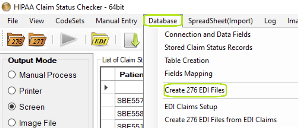 The "Create 276 EDI Files" optionis under the "Database" tab. The "Create 276 EDI Files" optionis under the "Database" tab.