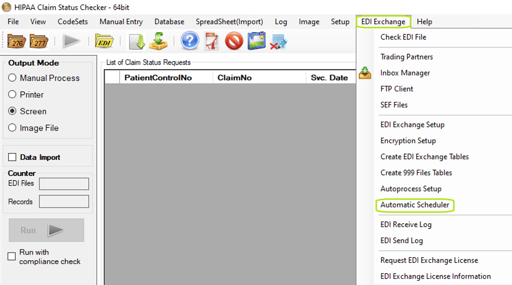 The "Automatic Scheduler" option is under the EDI Exchange tab. The "Automatic Scheduler" option is under the EDI Exchange tab.