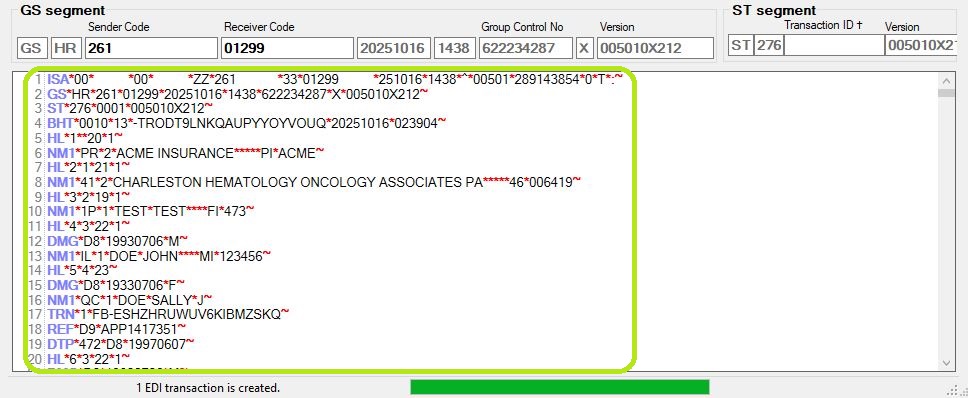 The EDI file content displayed. The EDI file content displayed.