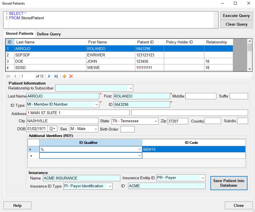 "Stored Patient" window.