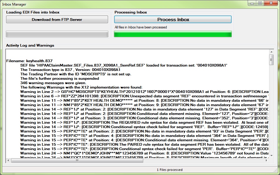 Sample of an EDI file analysis after clicking "Abort Processing."