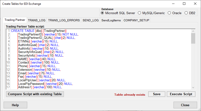 The "Create Tables for EDI Exchange" window. The "Create Tables for EDI Exchange" window.